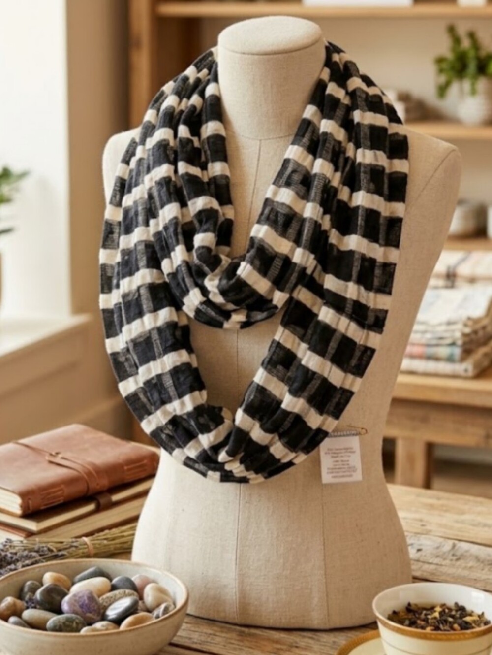 Textured Black & White Grid Open-Weave Infinity Scarf